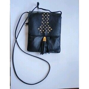 Vintage Jeffery Crossbody Purse Black Soft Leather Embellished Tassel Made USA